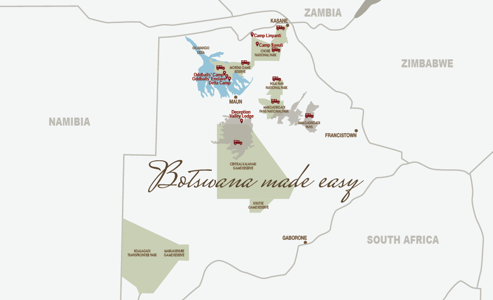 CM Travels | Botswana | Footsteps in Africa | Map of Camps